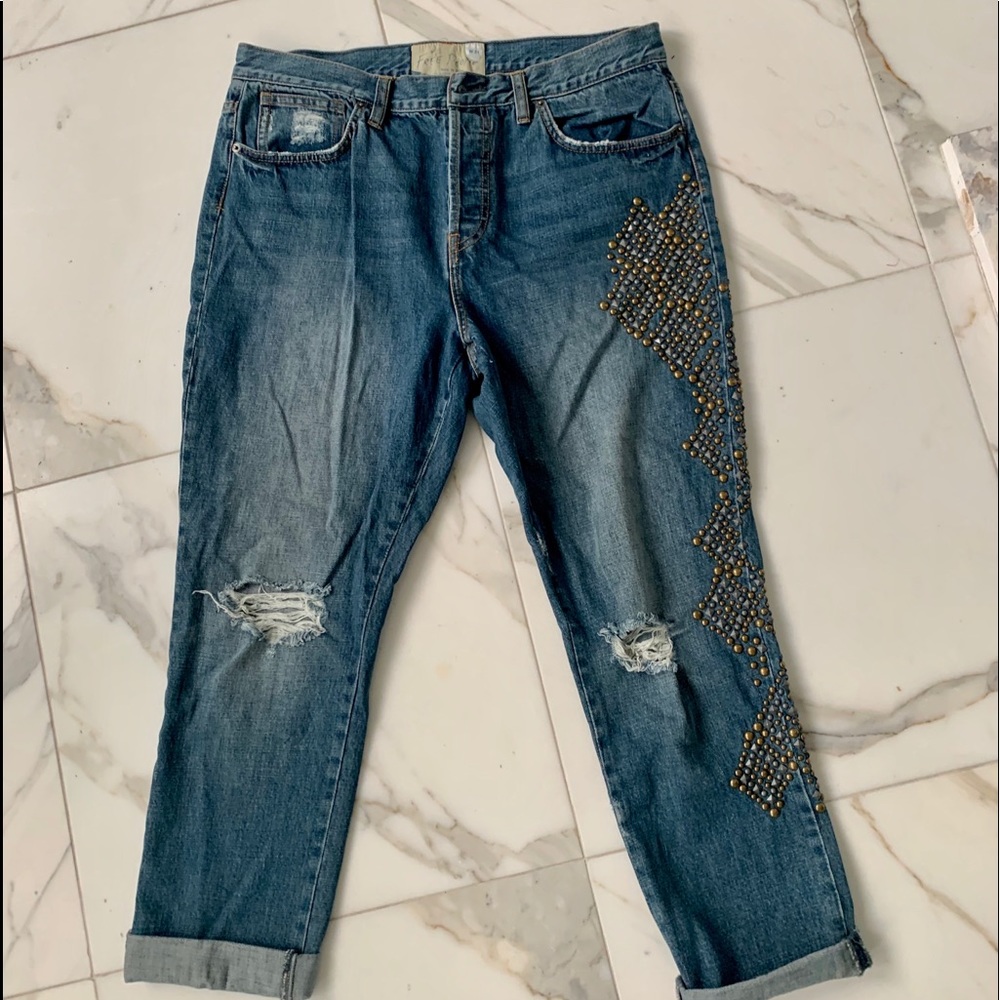 Free People Blue Boyfriend Jeans with Gold Accents